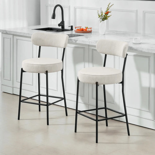 Set of 2 Upholstered Corduroy Barstools with Backrest, Footrest, Cream White