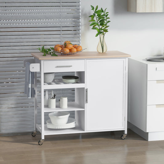 4-Tier Rolling Kitchen Island Utility Trolley Serving Cart Kitchen Storage Cart w/ Towel Rack, Butcher Block Countertop, Cabinet, Drawer, Shelves, White - Gallery Canada
