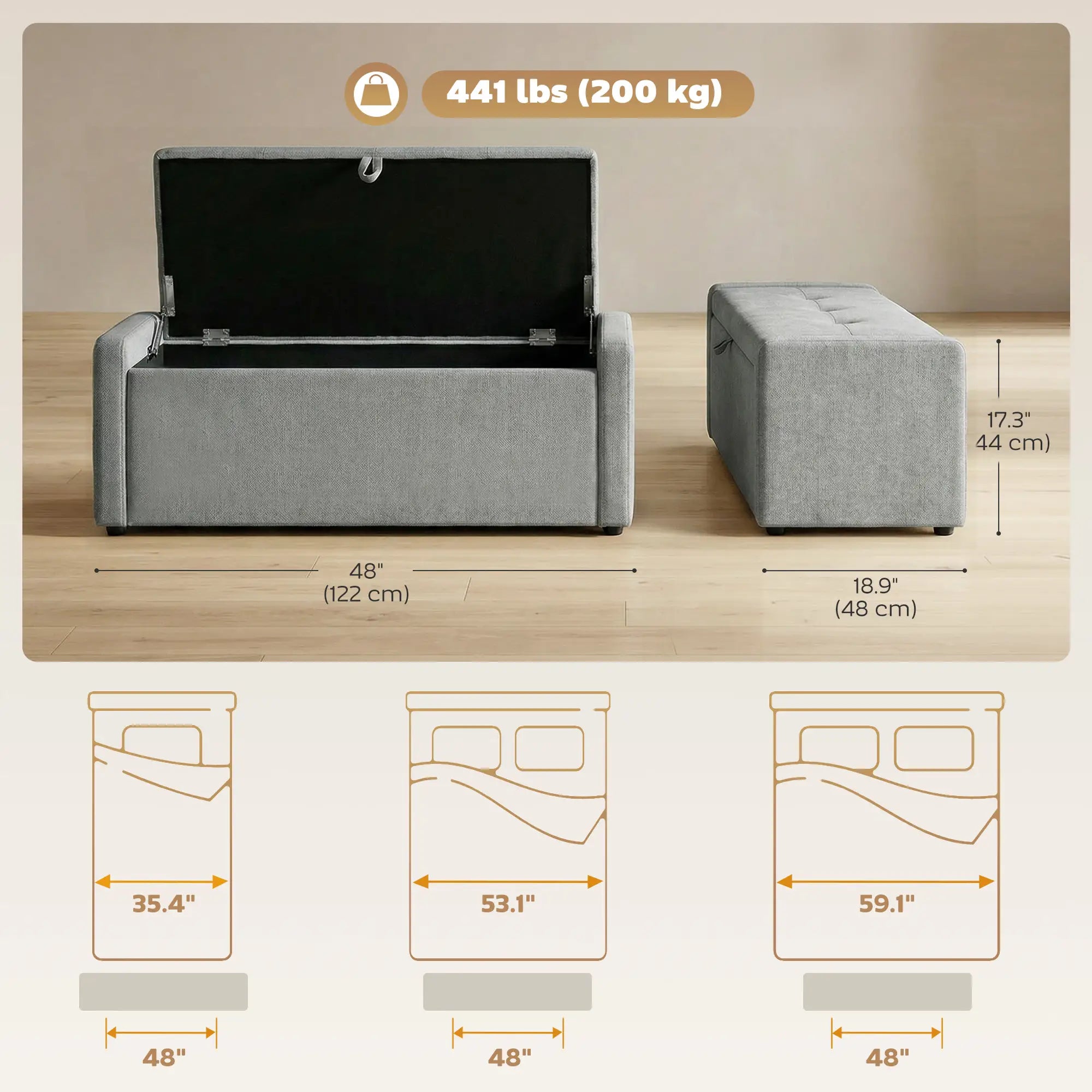 Storage Ottoman Bench, Linen Fabric, Light Grey Storage Ottomans & Benches at Gallery Canada