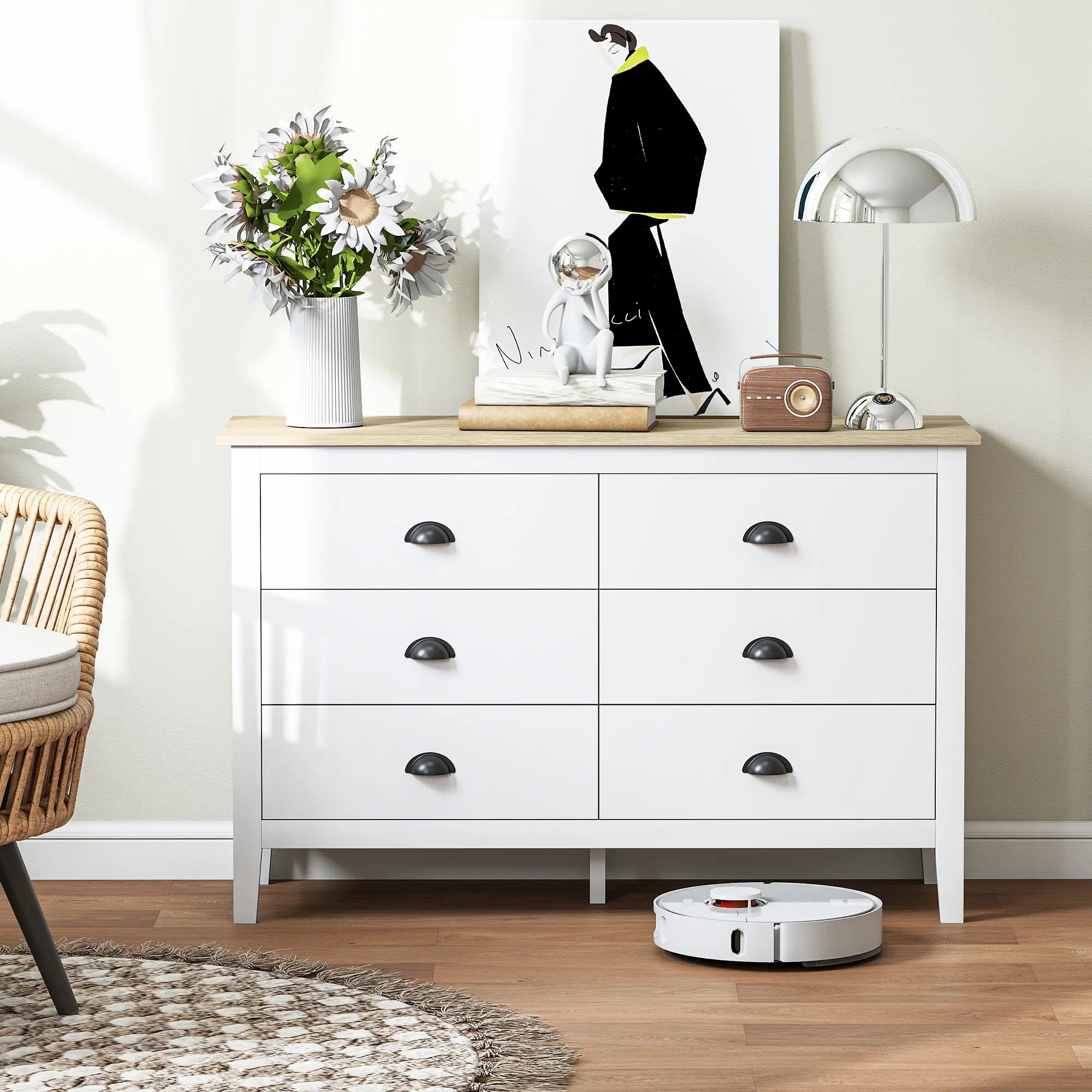 6 Drawer Dresser with Quiet Slides, Modern for Bedroom, White Storage Cabinets at Gallery Canada