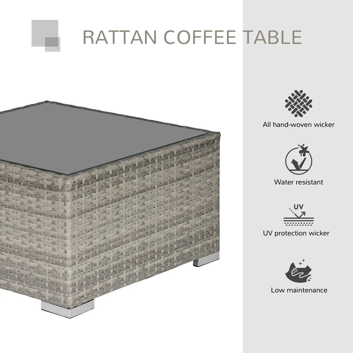 Rattan Garden Coffee Table, 25.6" Square, Tempered Glass Top, Grey Patio Side Tables at Gallery Canada