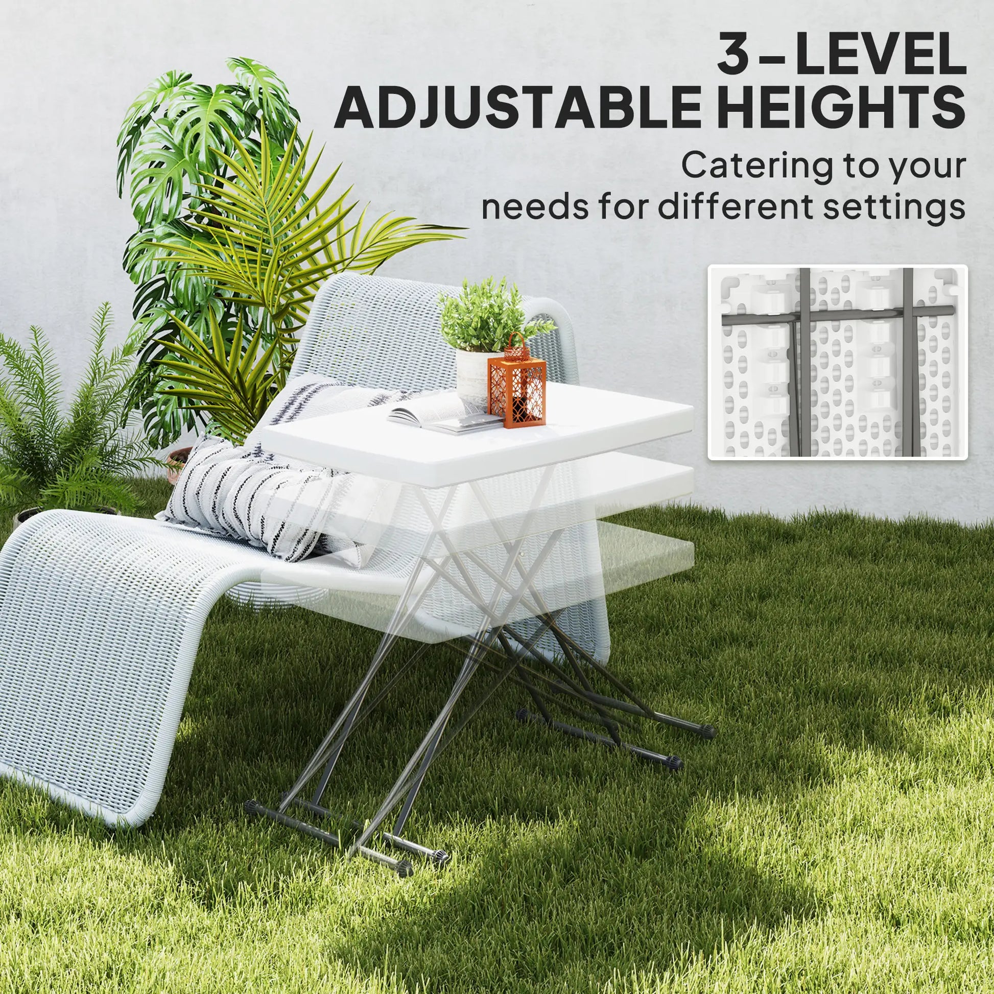 Folding Outdoor Patio Table, 3-Level Adjustable, HDPE Top, Steel Legs, White Patio Dinning Tables at Gallery Canada