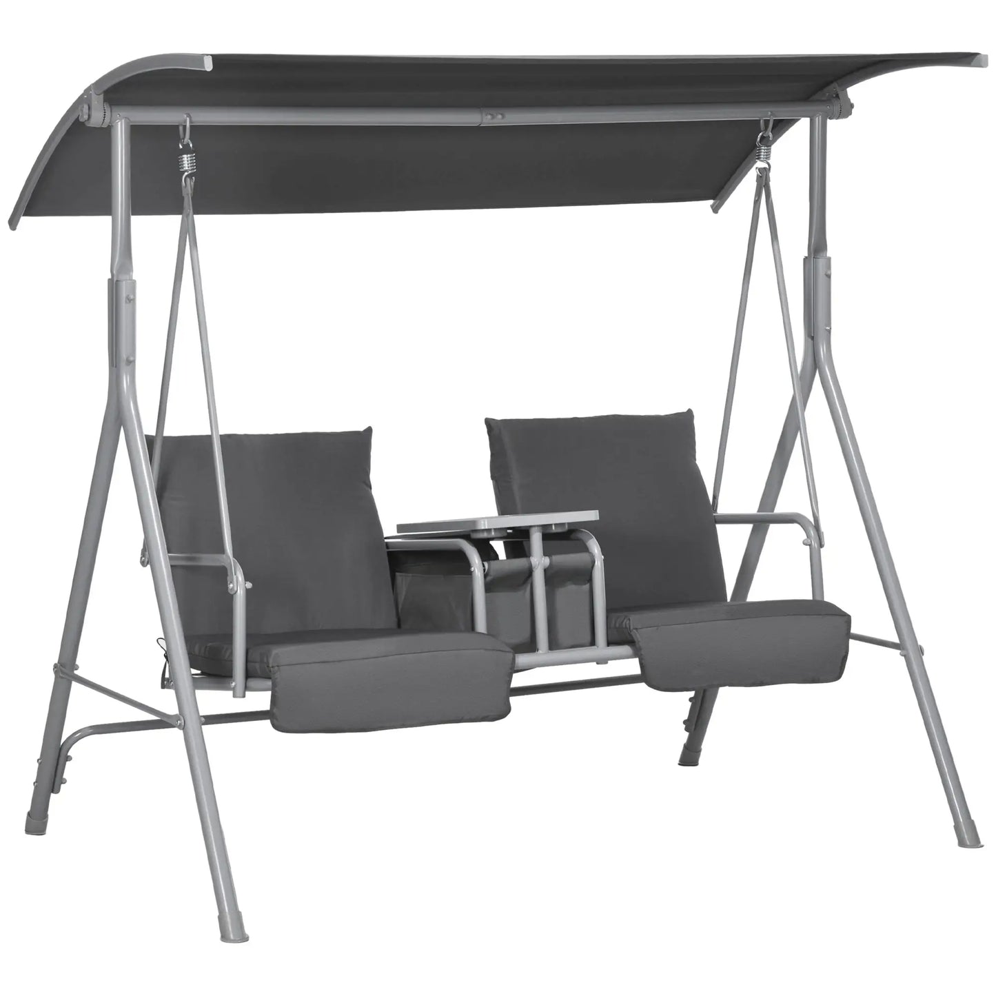 2-Seater Outdoor Porch Swing, Adjustable Canopy, Table, Grey Patio Swings with Stand at Gallery Canada