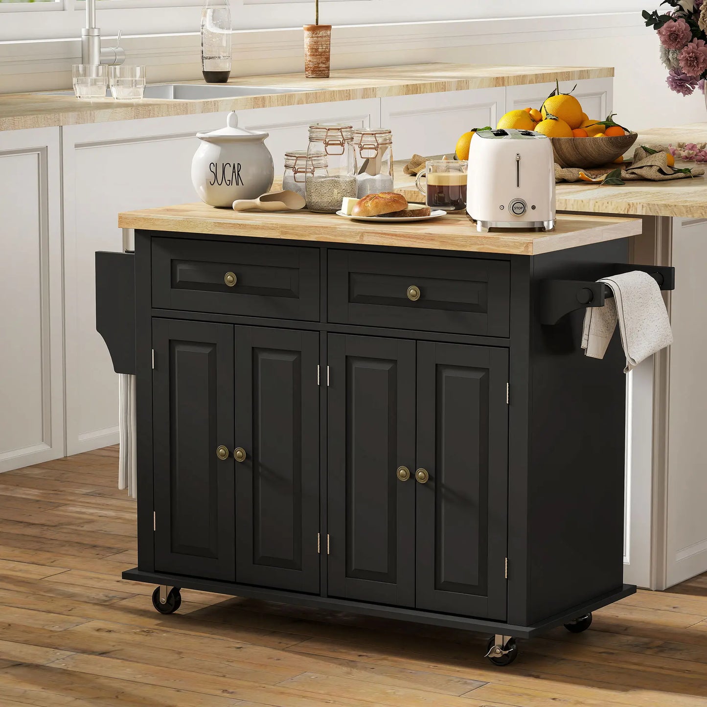 Kitchen Island with Storage, Rolling Trolley Cart with Rubber Wood Top, Spice Rack, Towel Rack, Black Kitchen Islands & Kitchen Carts at Gallery Canada