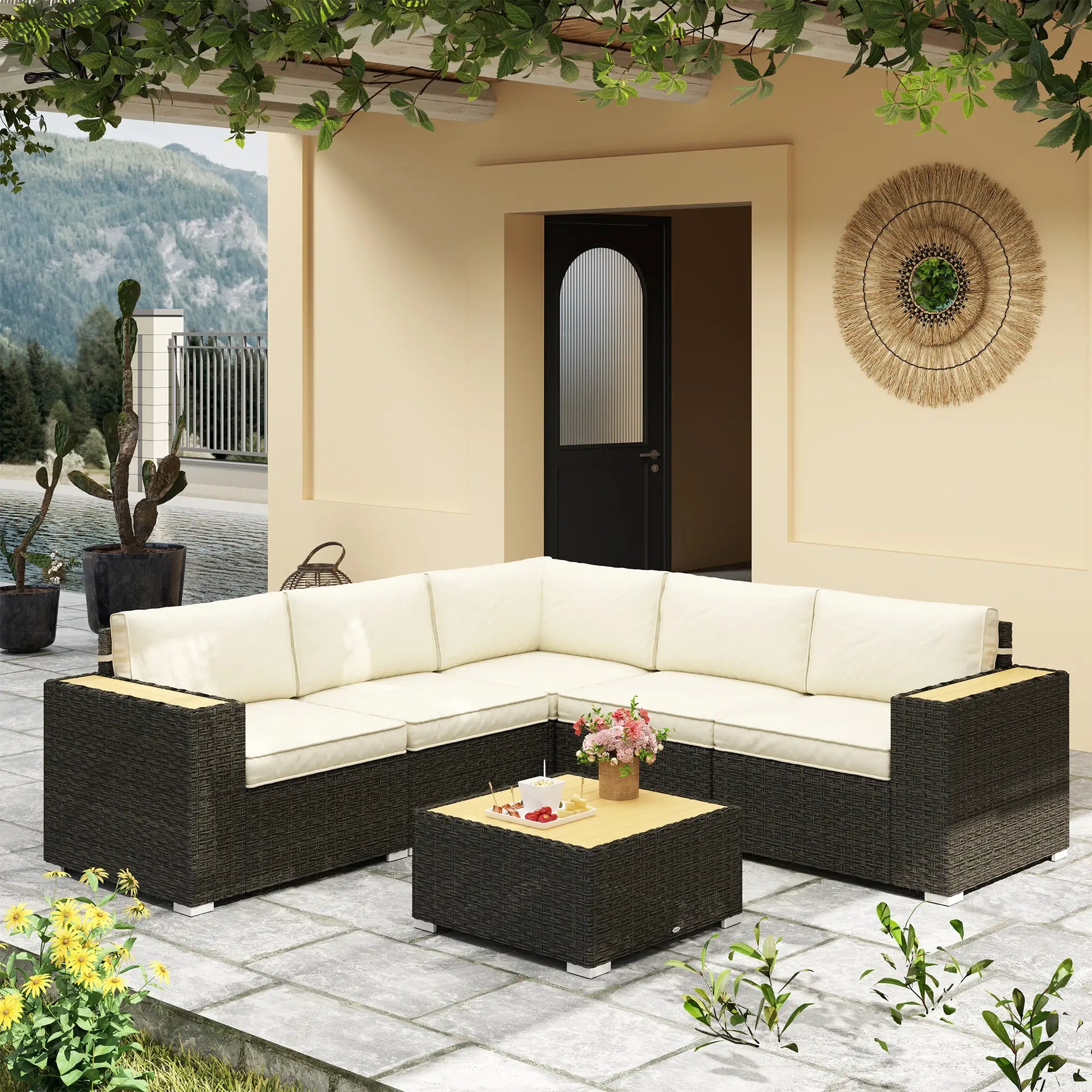 6-Piece Outdoor Rattan Patio Set, Corner Sofa, Wood-Plastic Table, Light Khaki Patio Furniture Sets at Gallery Canada