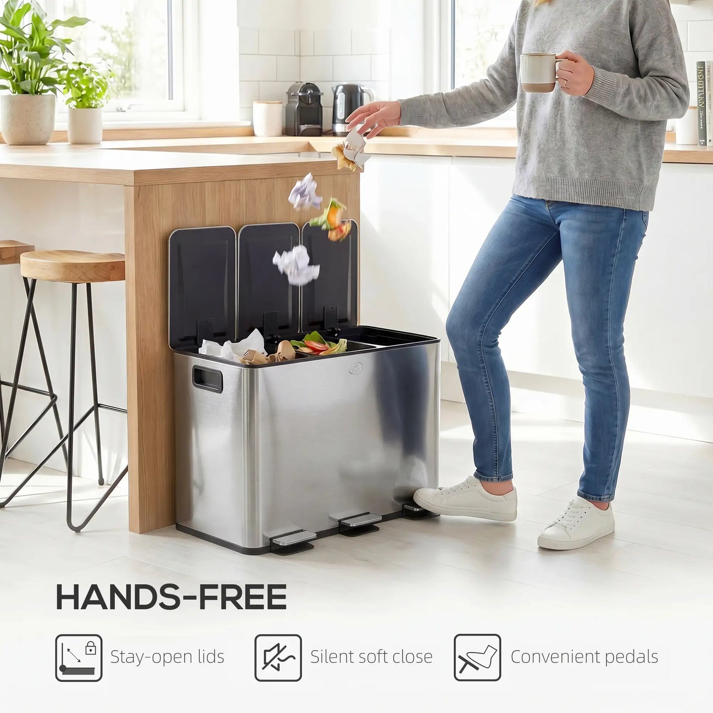 Triple Garbage Bin, Soft Close Trash Can, 3 x 20 Liter, Silver Household Supplies at Gallery Canada