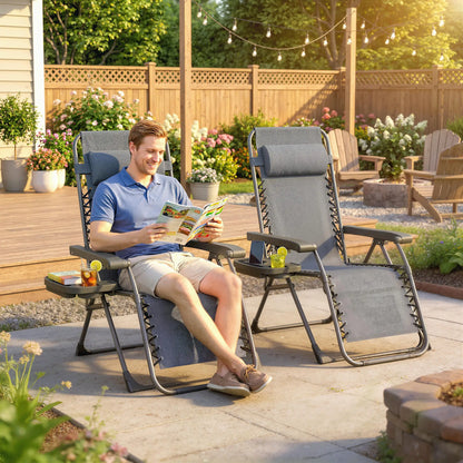 Zero Gravity Chair Set Of 2, Folding Reclining Outdoor Lounge Chair, Dark Grey Lounger Chairs at Gallery Canada