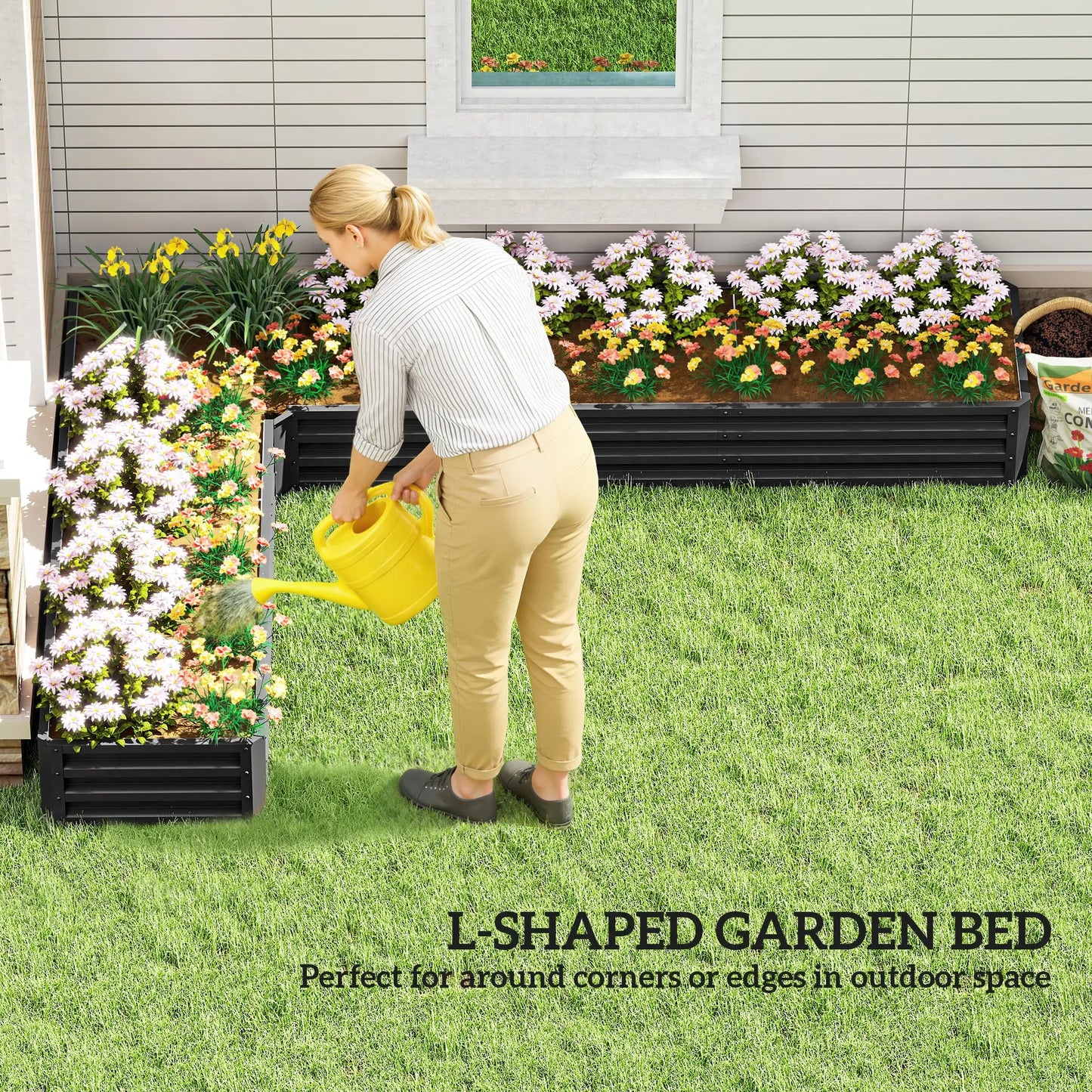 L-Shaped Raised Garden Bed, 82" x 109" x 12", Black Galvanized Steel Planter Box, Black Galvanized Planter Boxes at Gallery Canada
