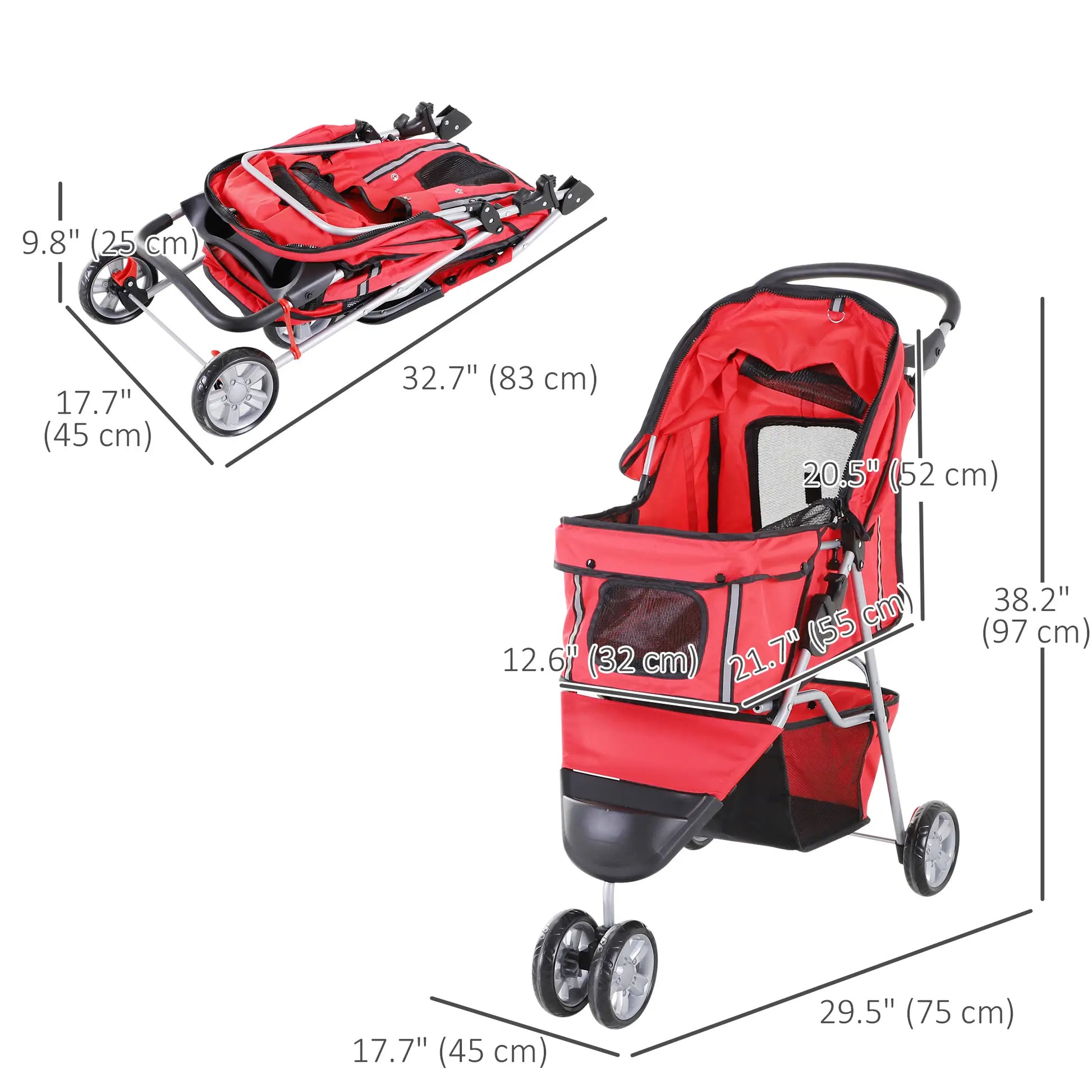 3 Wheel Foldable Dog Stroller, Storage Basket, Adjustable Canopy, Cupholder, Red Dog Bike Trailers & Strollers at Gallery Canada