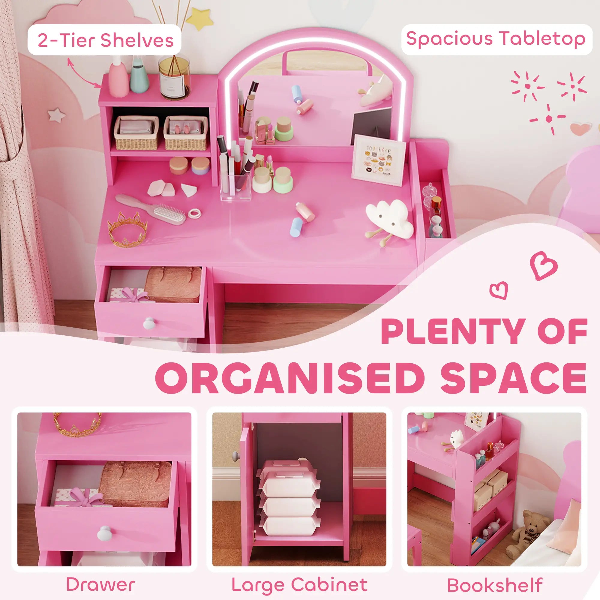 Kids Vanity Set, Toddler Dressing Table and Chair, Lighted Mirror, Pink Toy Vanity at Gallery Canada