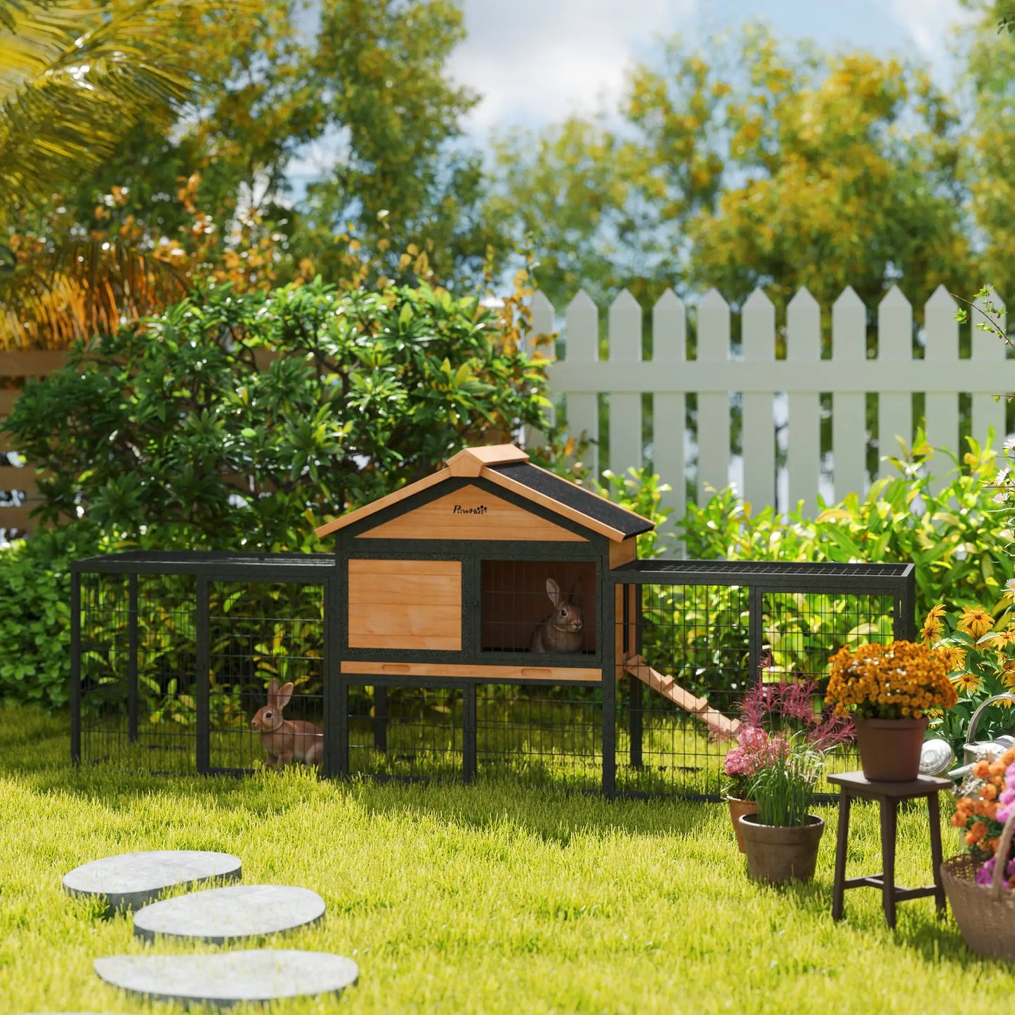 85"L Large Wooden Rabbit Hutch, Outdoor Bunny Cage With Run Box, Yellow Rabbit Hutch at Gallery Canada