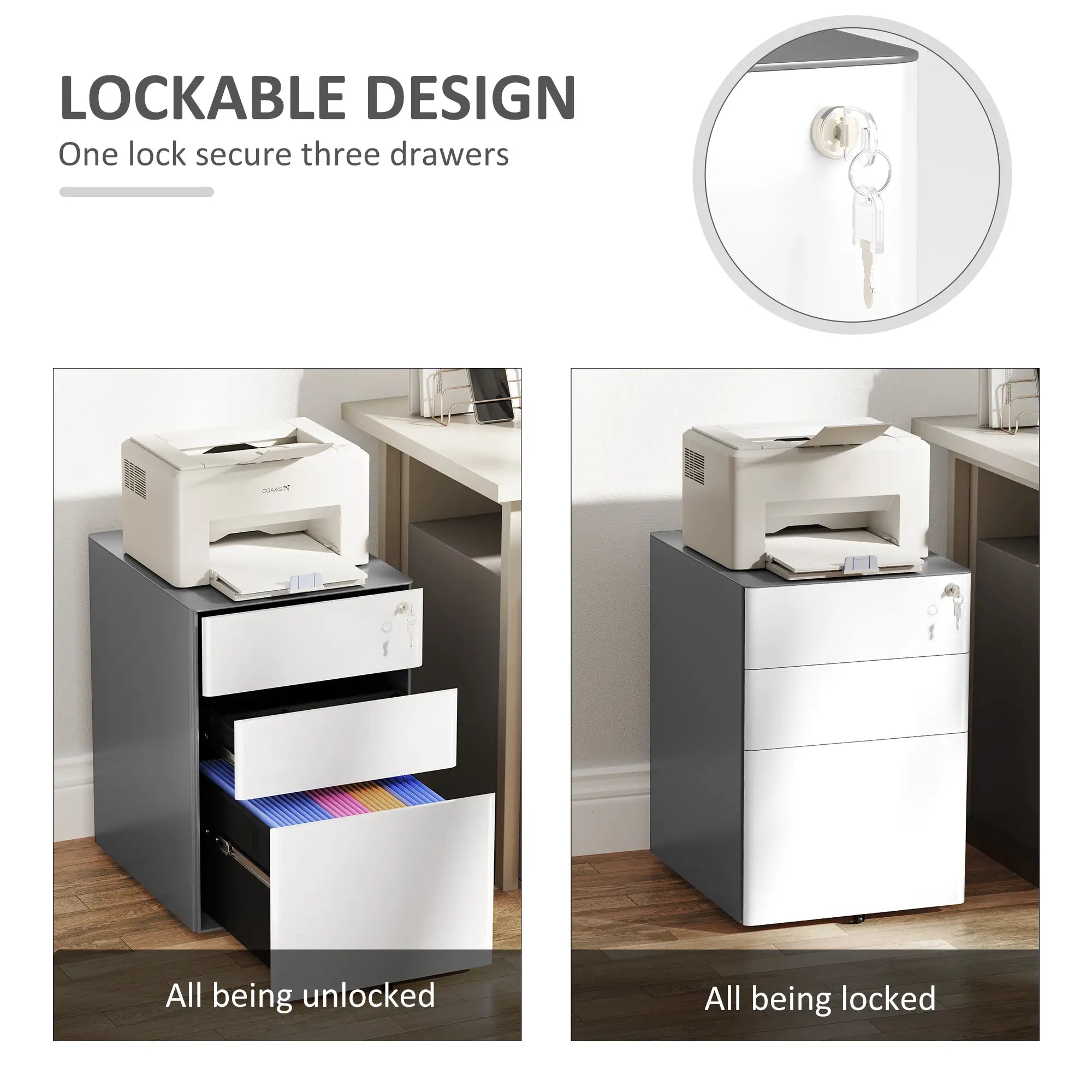 3 Drawer Filing Cabinet, Home Office Storage with Wheels, Lock, Grey and White Office Cabinets & Cupboards at Gallery Canada