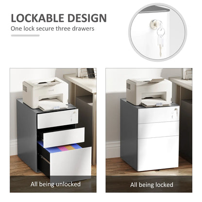 3 Drawer Filing Cabinet, Home Office Storage with Wheels, Lock, Grey and White Office Cabinets & Cupboards at Gallery Canada