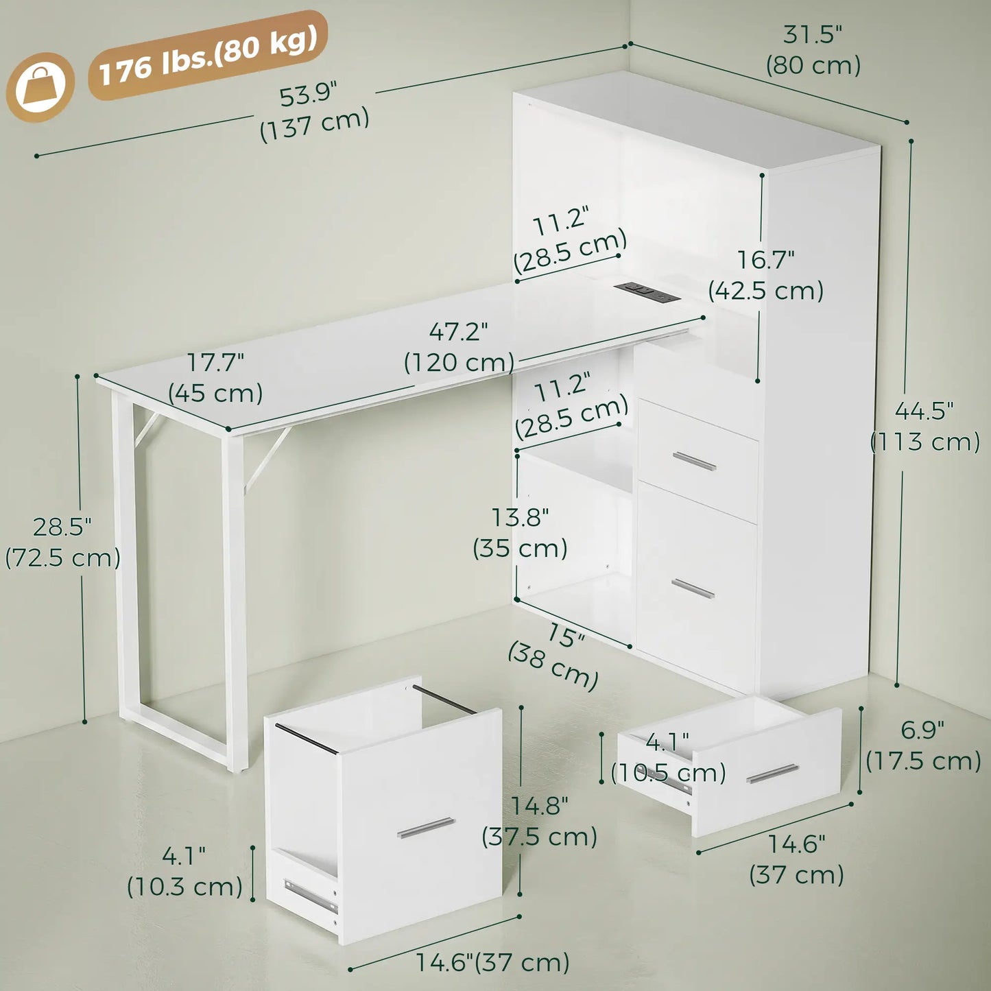 54" Computer Desk With Drawers, Power Outlets, LED Lights, White Computer Desks at Gallery Canada