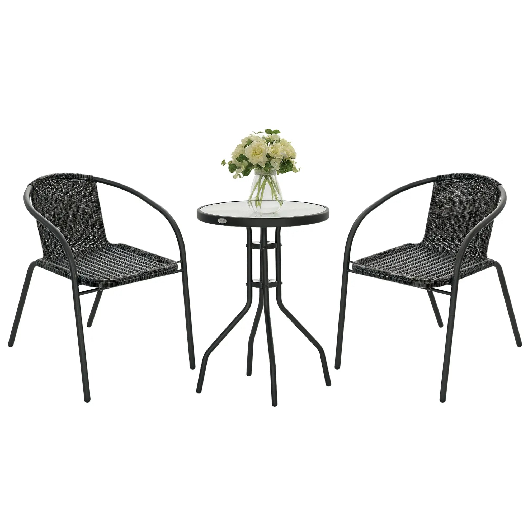 3-Piece Outdoor Wicker Set, 2 Stackable Chairs, Glass Table, Black Bistro Sets at Gallery Canada