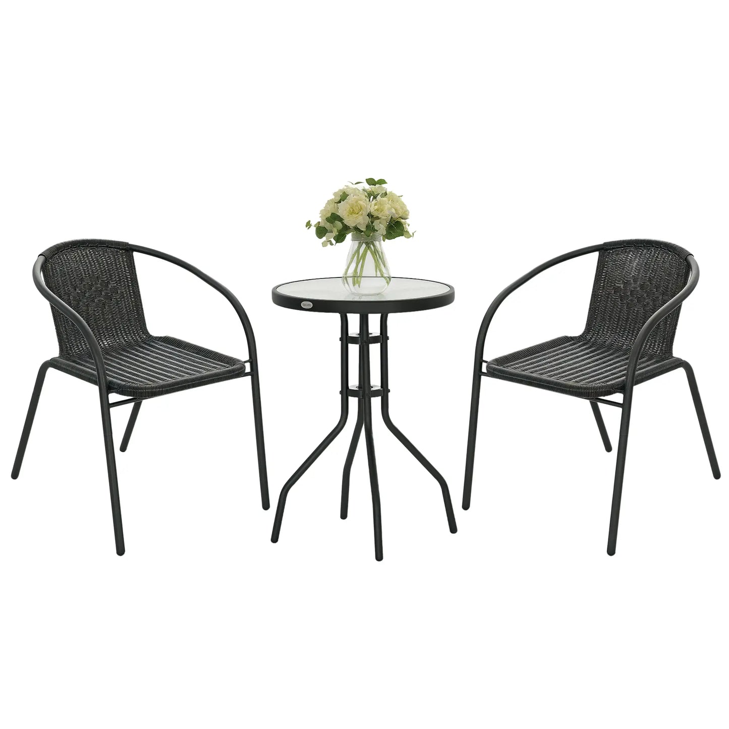 3-Piece Outdoor Wicker Set, 2 Stackable Chairs, Glass Table, Black Bistro Sets at Gallery Canada