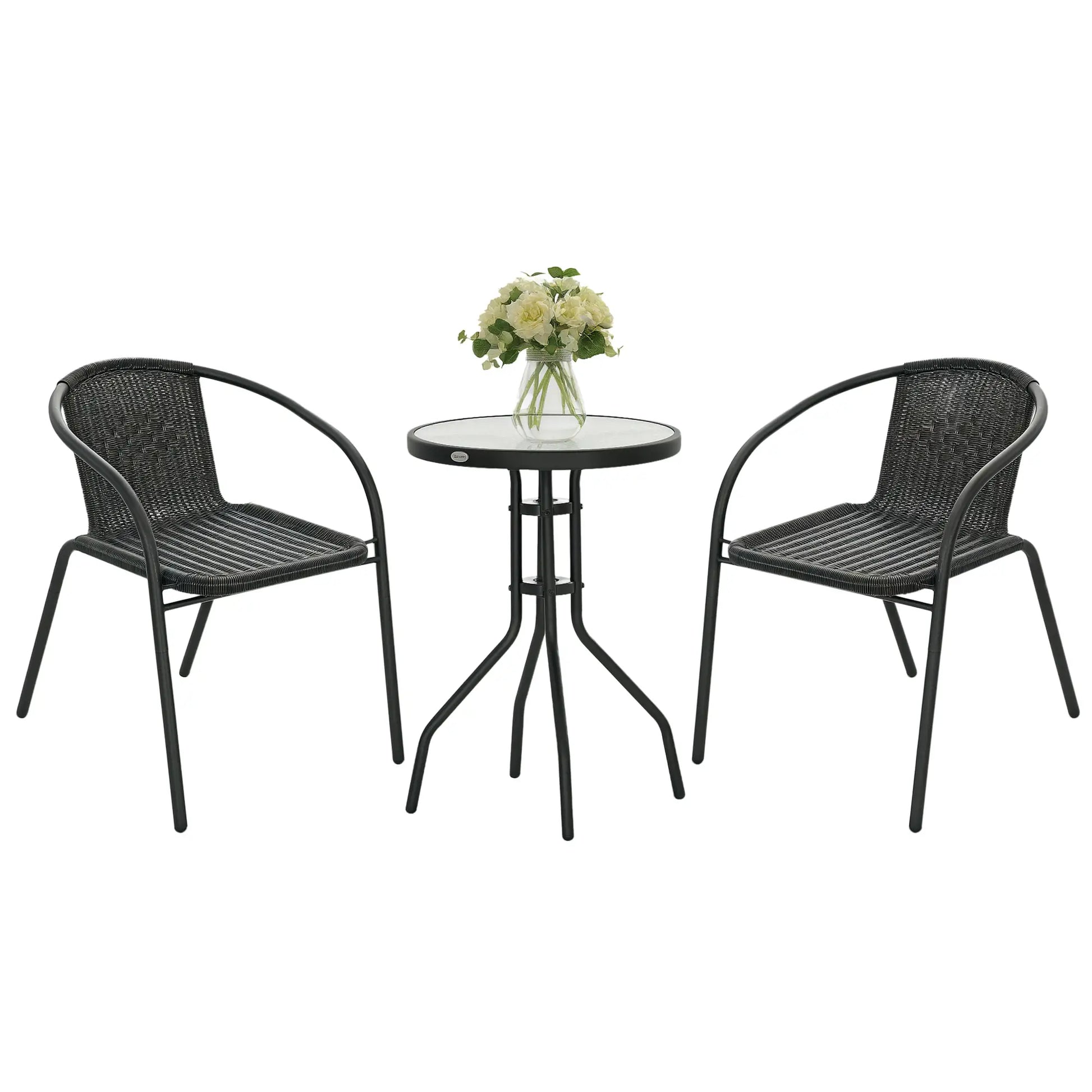 3-Piece Outdoor Wicker Set, 2 Stackable Chairs, Glass Table, Black Bistro Sets at Gallery Canada