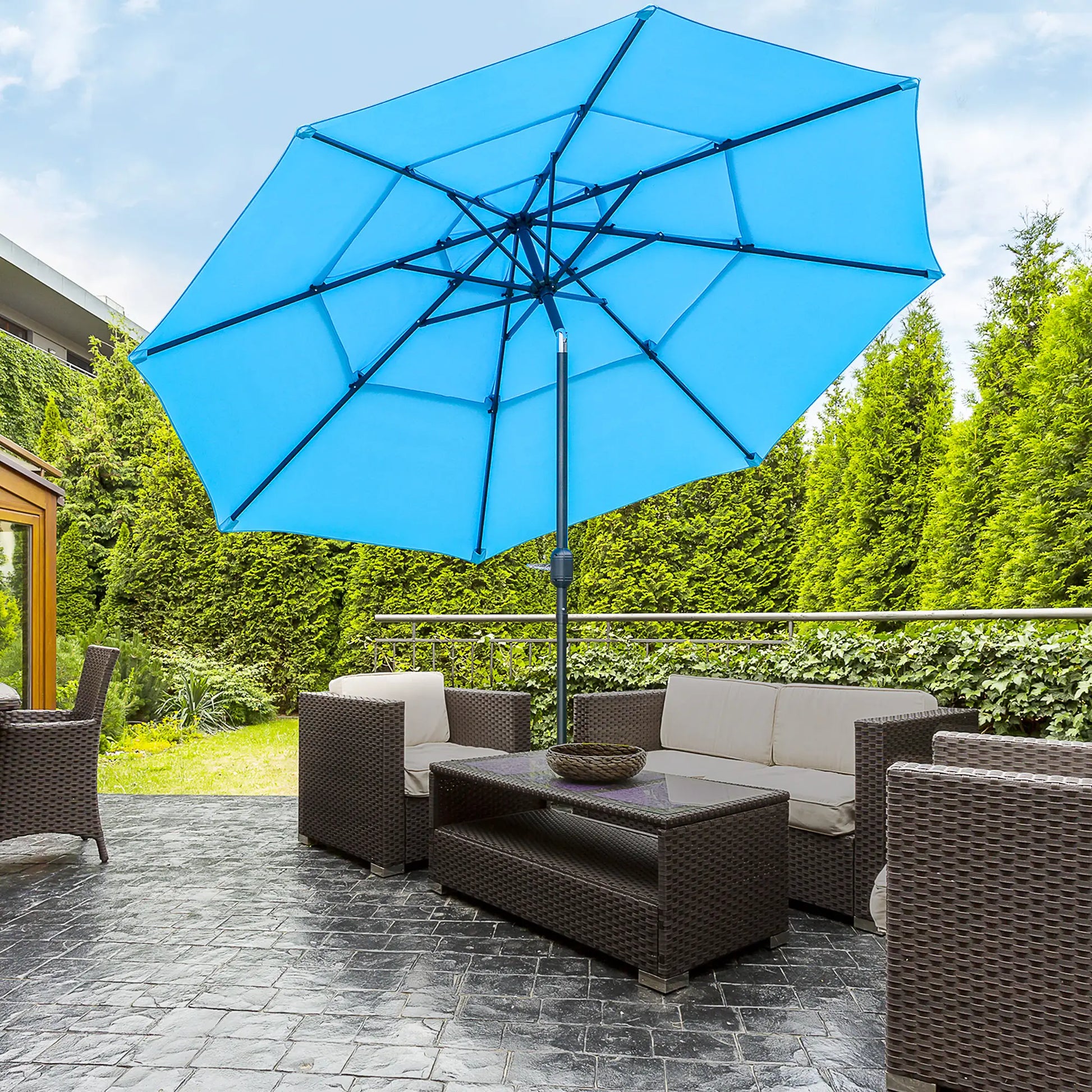9FT 3 Tiers Patio Umbrella, Crank Push Button Tilt, Sky Blue Sun Umbrellas at Gallery Canada