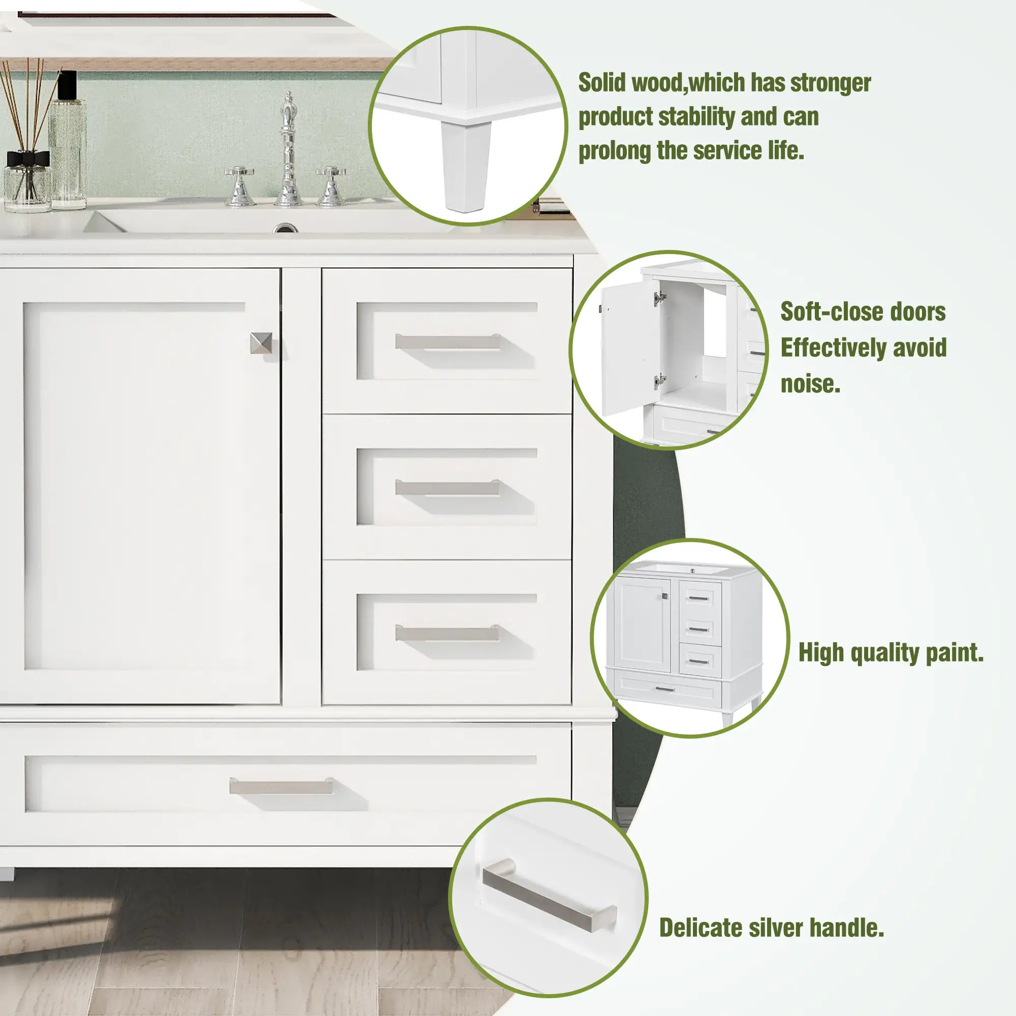 Solid Wood Bathroom Vanity, Sink Combo, Soft-Close Door, 3 Drawers, 30
