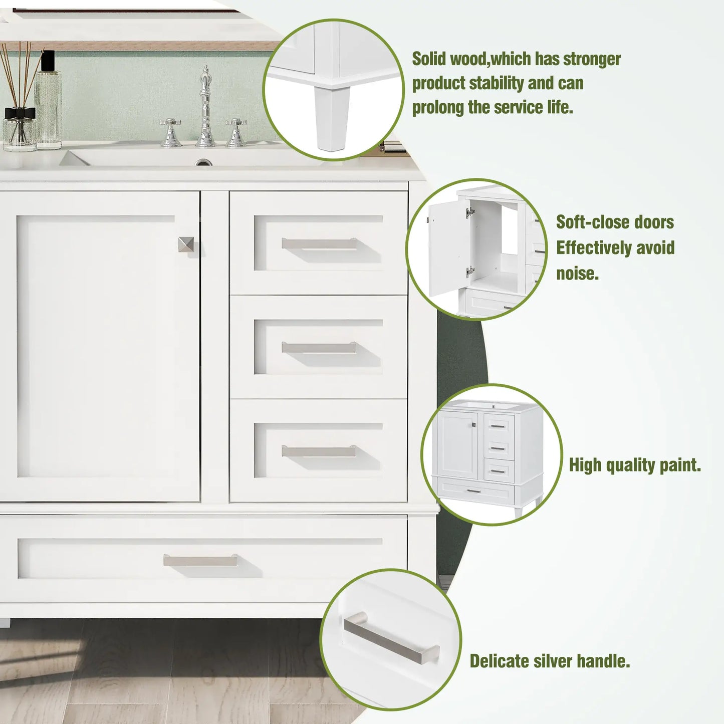 Solid Wood Bathroom Vanity, Sink Combo, Soft-Close Door, 3 Drawers, 30" L x 18" W x 34" H, White Sink Cabinets at Gallery Canada