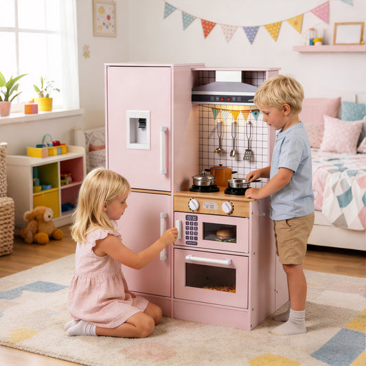 Dual-Sided Kids Play Kitchen with Water Dispenser and Range Hood for 3+ Years Old, Pink
