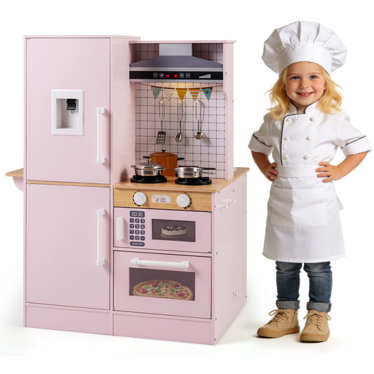 Dual-Sided Kids Play Kitchen with Water Dispenser and Range Hood for 3+ Years Old, Pink