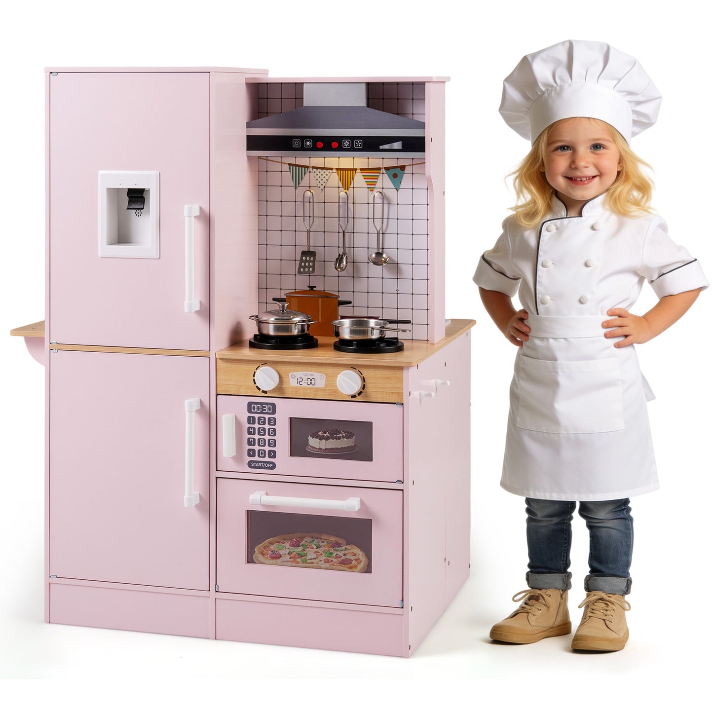 Dual-Sided Kids Play Kitchen with Water Dispenser and Range Hood for 3+ Years Old, Pink Play Kitchen Sets at Gallery Canada