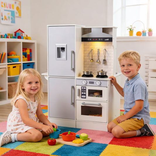 Dual-Sided Kids Play Kitchen with Water Dispenser and Range Hood for 3+ Years Old, White