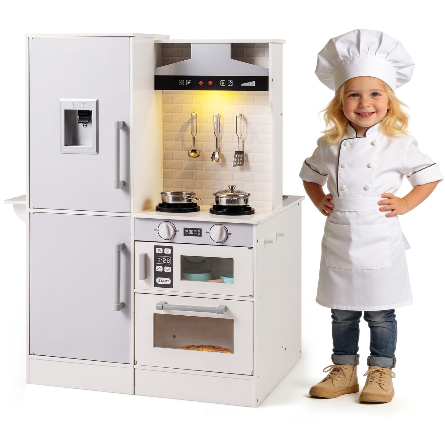 Dual-Sided Kids Play Kitchen with Water Dispenser and Range Hood for 3+ Years Old, White Play Kitchen Sets at Gallery Canada