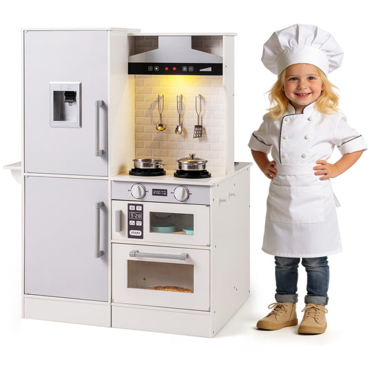 Dual-Sided Kids Play Kitchen with Water Dispenser and Range Hood for 3+ Years Old, White Play Kitchen Sets White at Gallery Canada