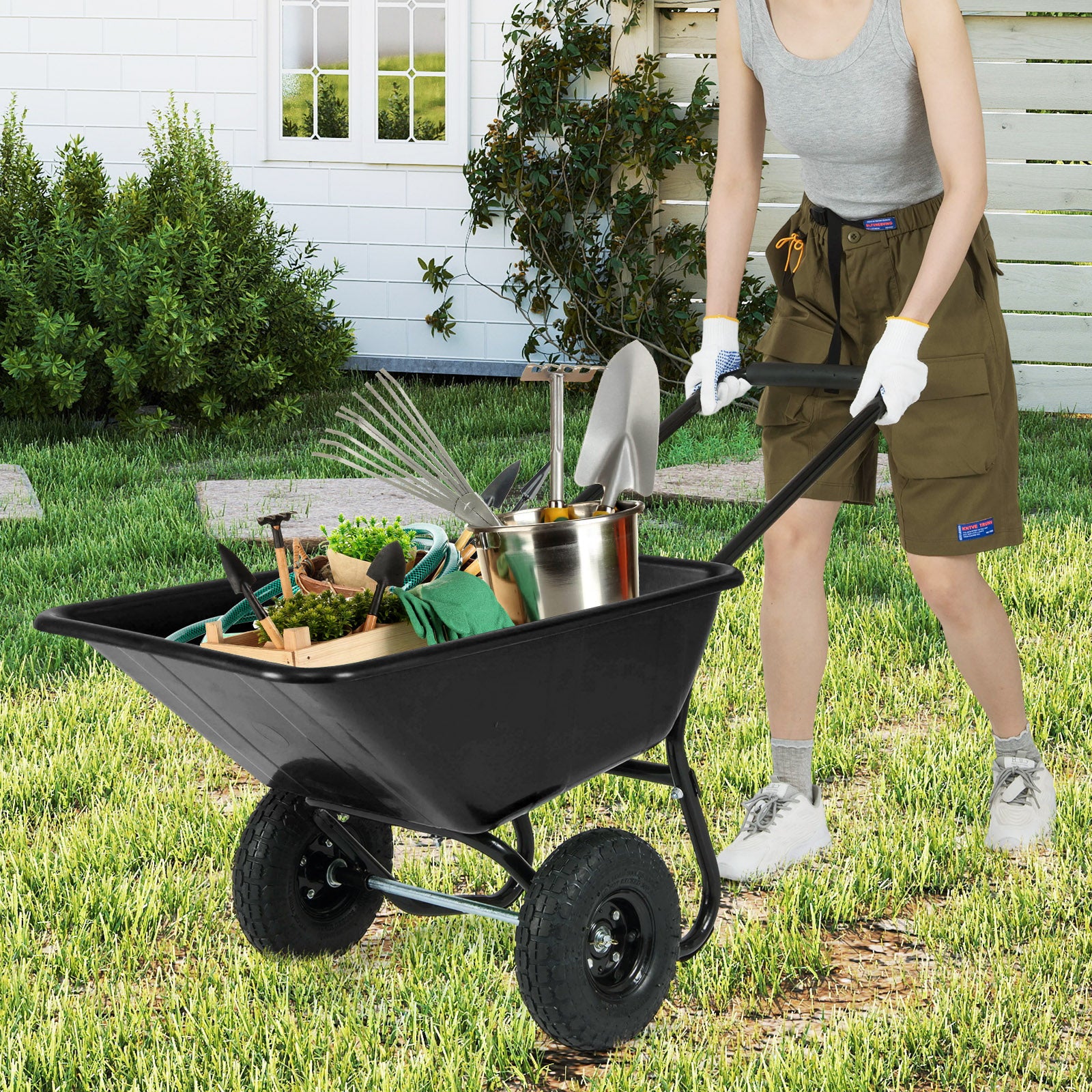 Dual-Wheel Wheelbarrow Garden Utility Cart with Pneumatic Tires-Black Color, Black Garden Carts at Gallery Canada