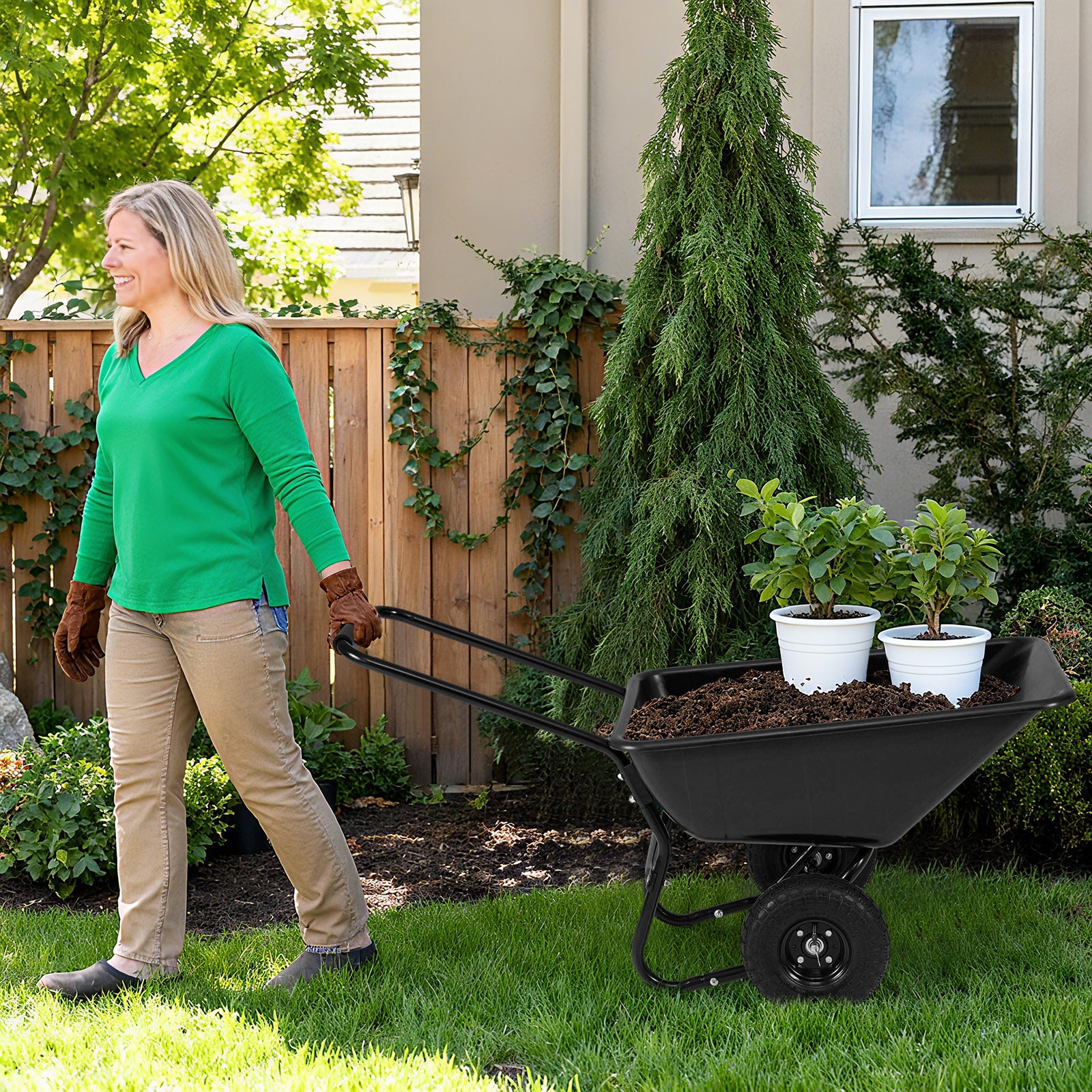 Dual-Wheel Wheelbarrow Garden Utility Cart with Pneumatic Tires-Black Color, Black Garden Carts at Gallery Canada