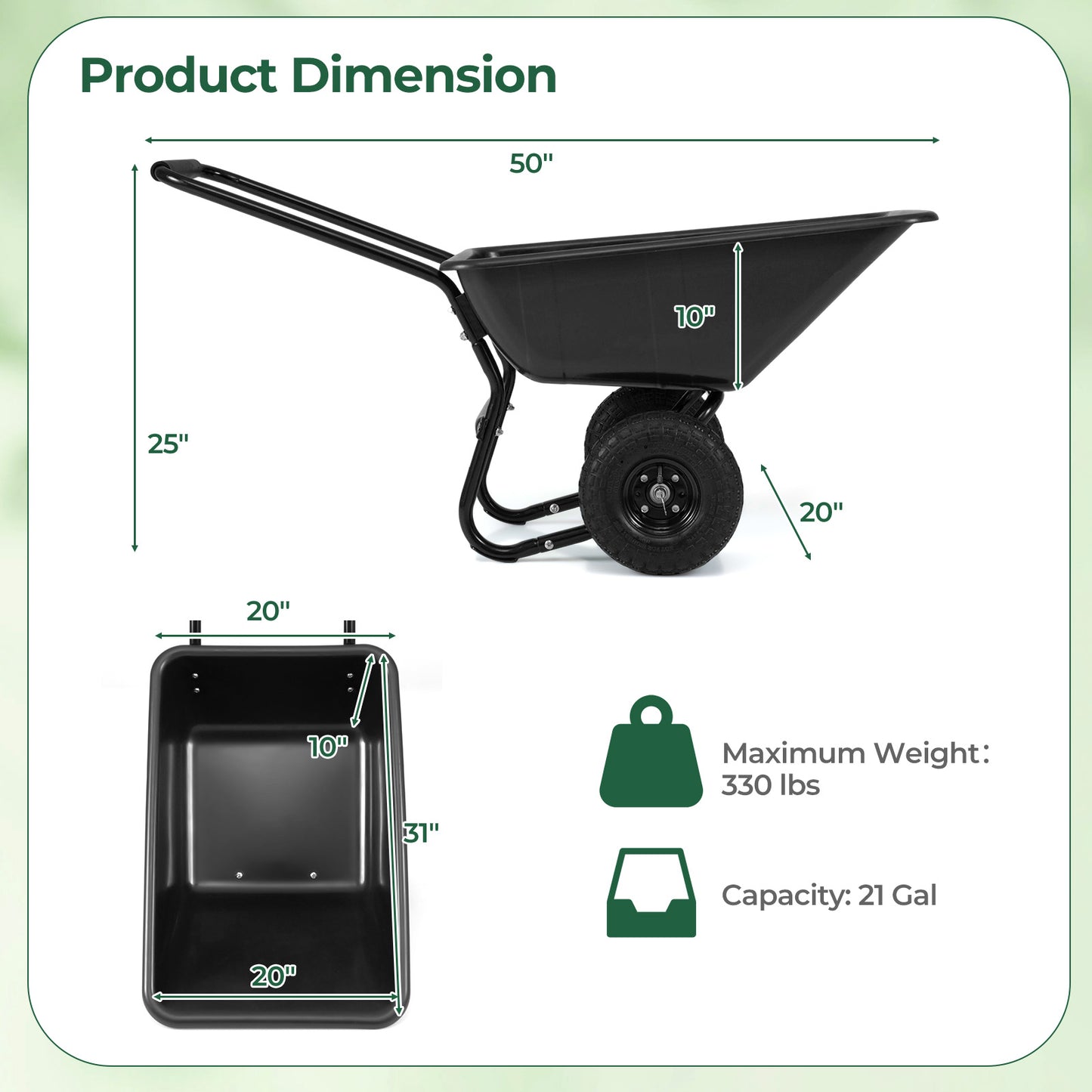 Dual-Wheel Wheelbarrow Garden Utility Cart with Pneumatic Tires-Black Color, Black Garden Carts at Gallery Canada