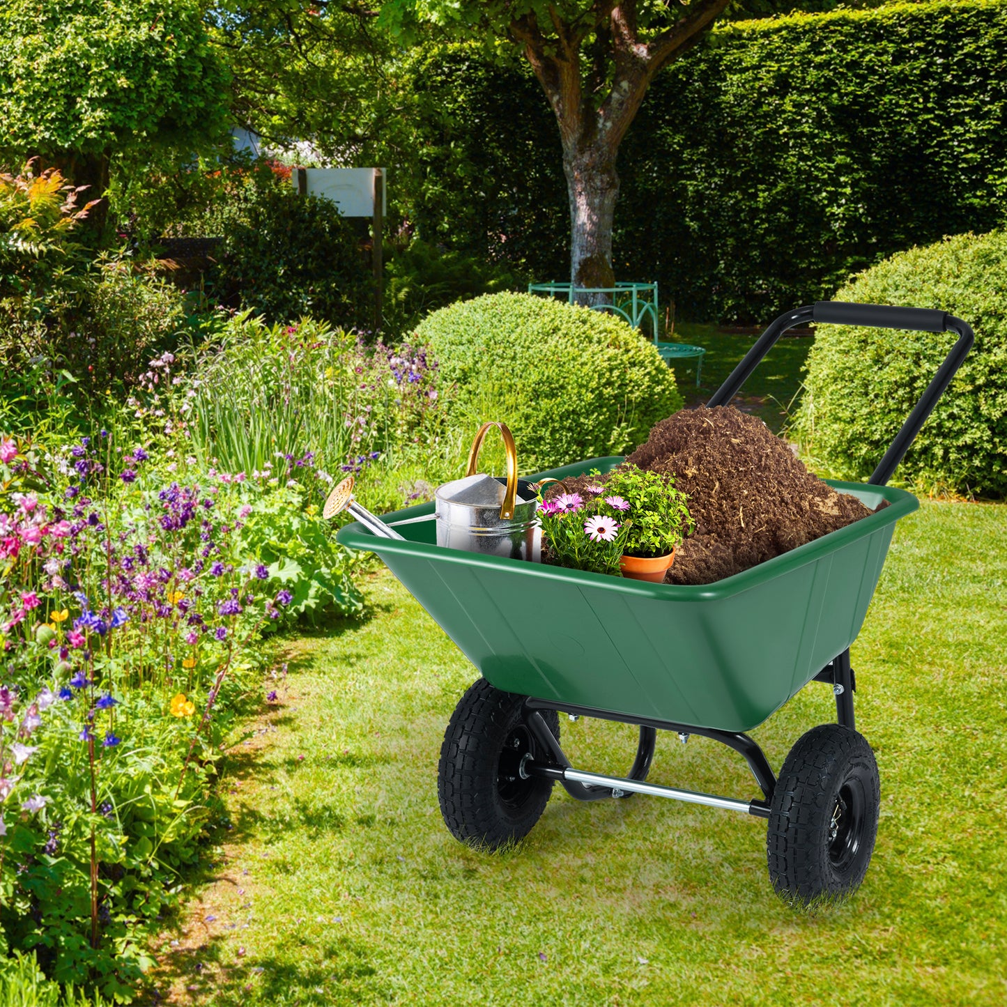 Dual-Wheel Wheelbarrow Garden Utility Cart with Pneumatic Tires-Green Color, Green Garden Carts at Gallery Canada