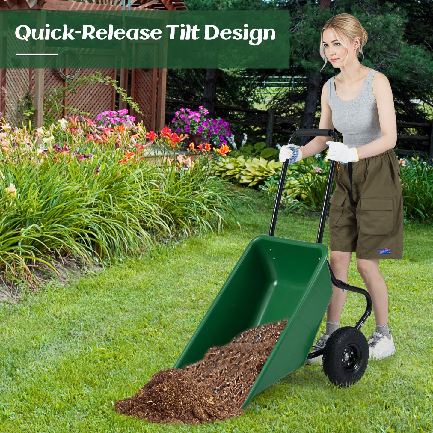 Dual-Wheel Wheelbarrow Garden Utility Cart with Pneumatic Tires-Green Color, Green Garden Carts at Gallery Canada