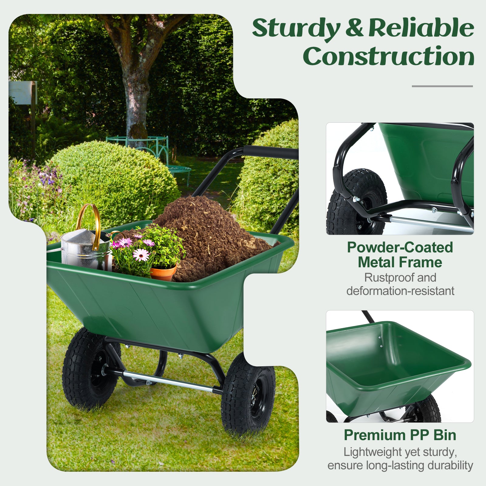 Dual-Wheel Wheelbarrow Garden Utility Cart with Pneumatic Tires-Green Color, Green Garden Carts at Gallery Canada