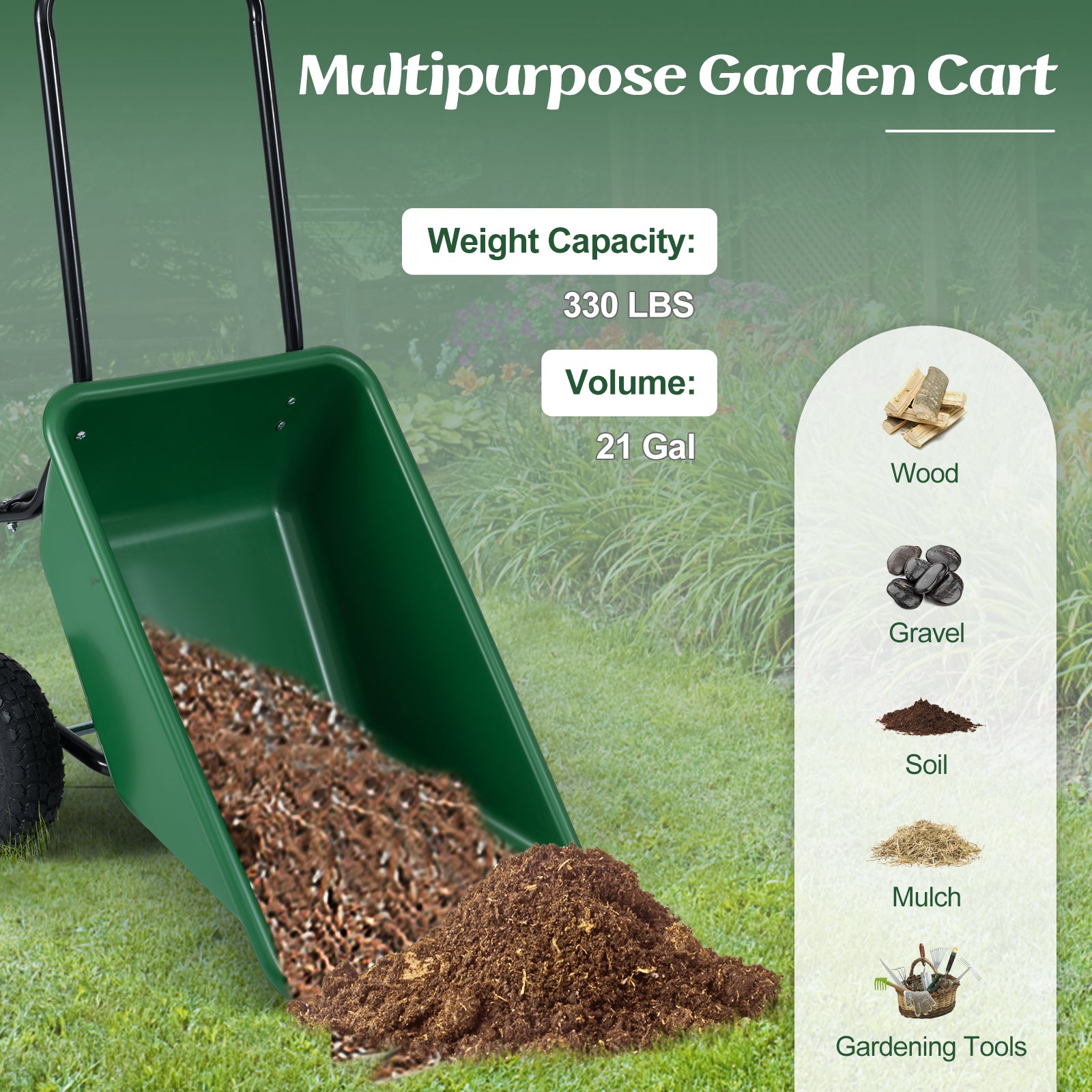 Dual-Wheel Wheelbarrow Garden Utility Cart with Pneumatic Tires-Green Color, Green Garden Carts at Gallery Canada