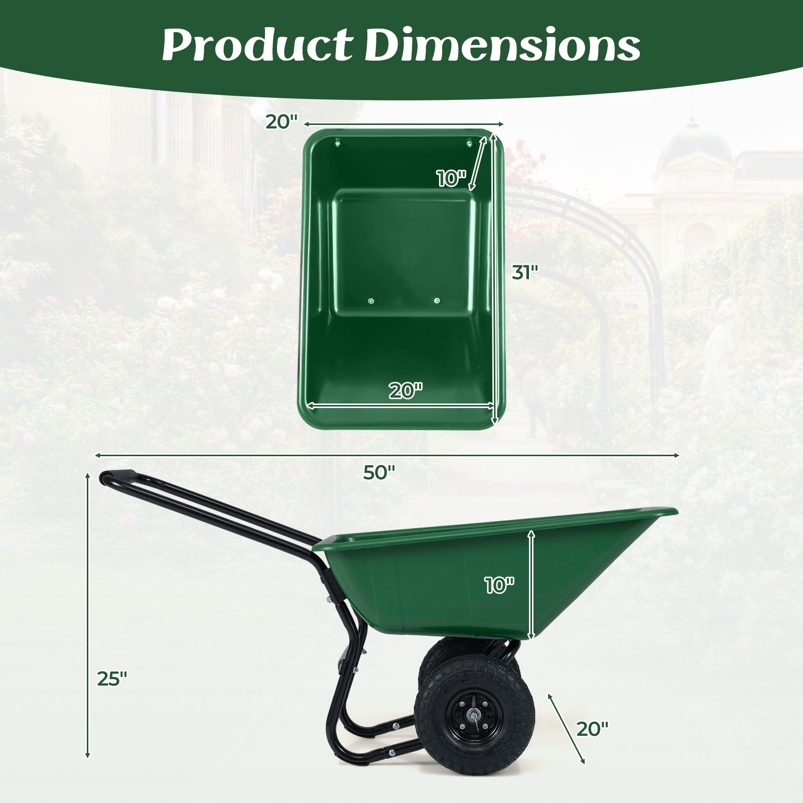 Dual-Wheel Wheelbarrow Garden Utility Cart with Pneumatic Tires-Green Color, Green Garden Carts at Gallery Canada