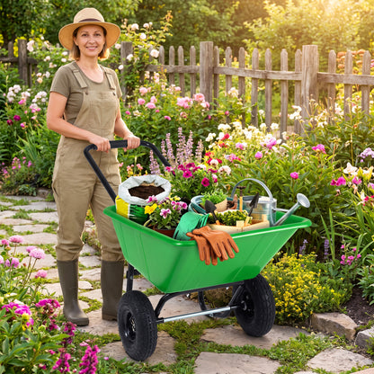 Dual-Wheel Wheelbarrow Cart, Pneumatic Tires, Light Green