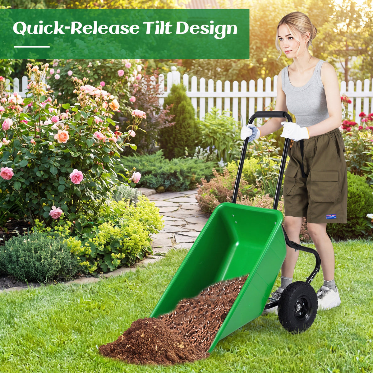 Dual-Wheel Wheelbarrow Cart, Pneumatic Tires, Light Green