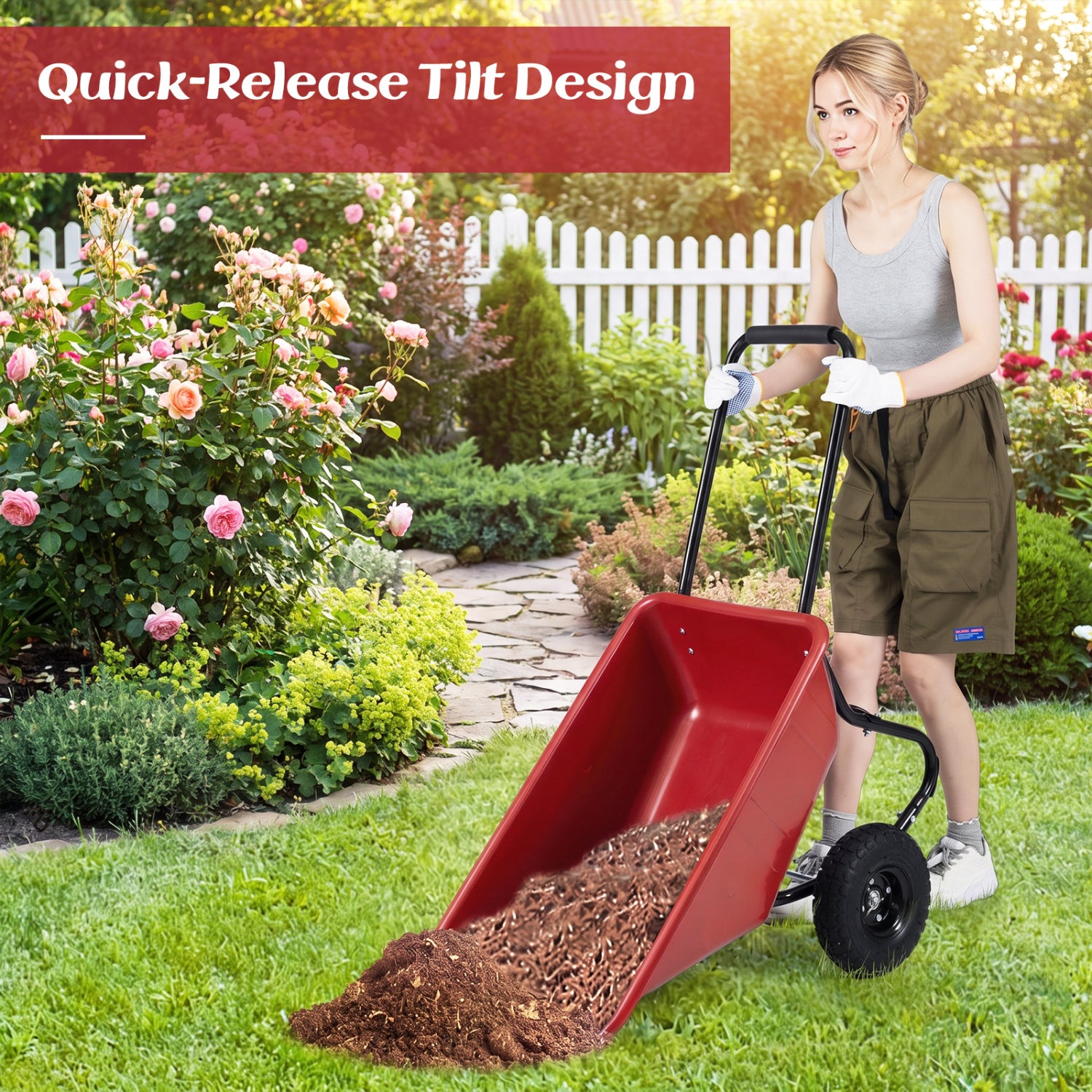 Dual-Wheel Wheelbarrow Cart, Pneumatic Tires, Red Garden Carts at Gallery Canada
