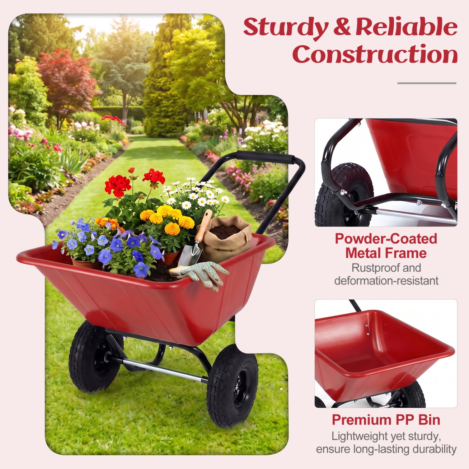 Dual-Wheel Wheelbarrow Cart, Pneumatic Tires, Red Garden Carts at Gallery Canada