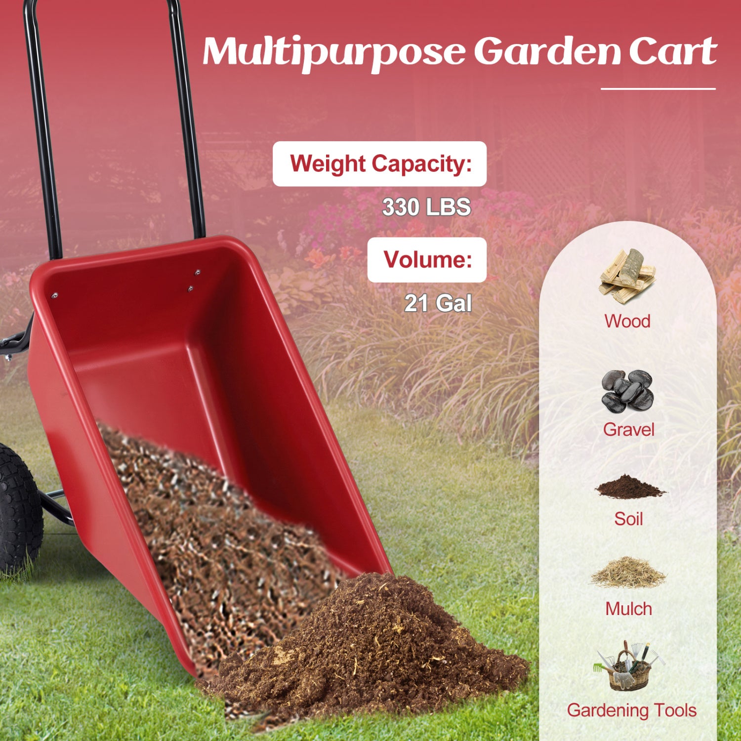 Dual-Wheel Wheelbarrow Cart, Pneumatic Tires, Red Garden Carts at Gallery Canada