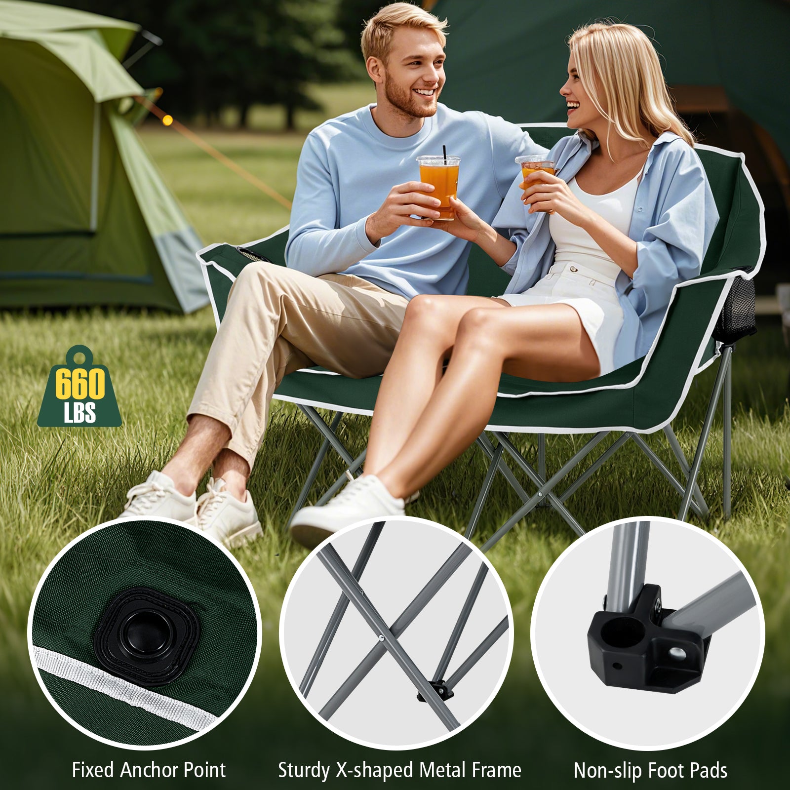 Duo Camping Chair Portable Oversized Loveseat with Armrests and Cup Holders, Green Beach & Lawn Chairs at Gallery Canada