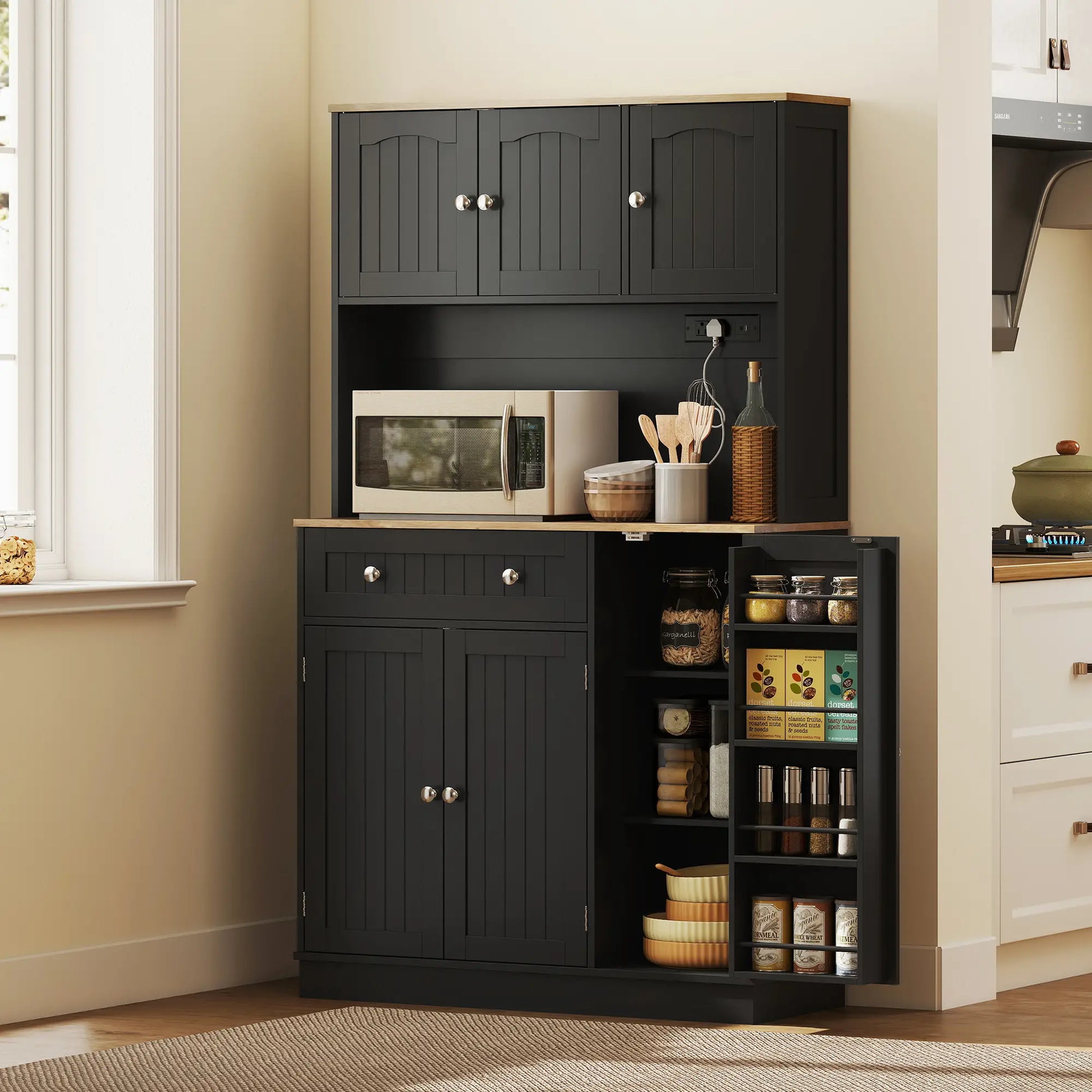 68" Pantry Cabinet with Charging Station, Microwave Stand, 4 Door Racks, Black Kitchen Pantry Cabinets at Gallery Canada