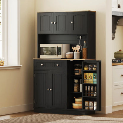68" Pantry Cabinet with Charging Station, Microwave Stand, 4 Door Racks, Black Kitchen Pantry Cabinets at Gallery Canada