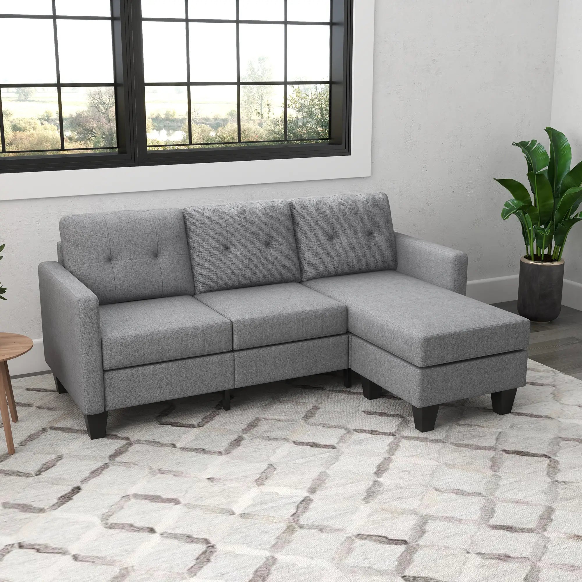 L-Shaped Sofa, 3 Seater with Ottoman, Thick Padded Cushion, Light Grey 3-Seater Sofas at Gallery Canada