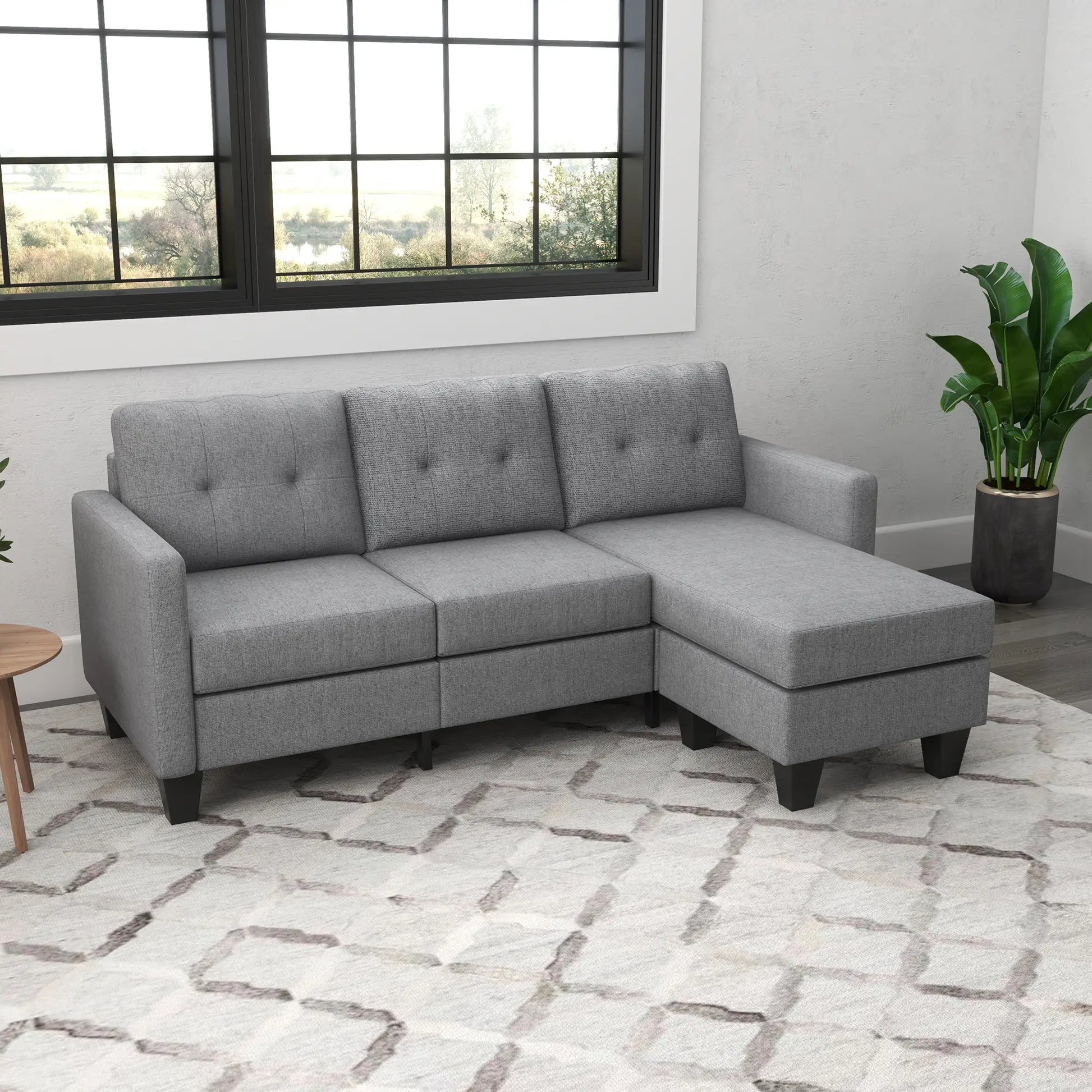 L-Shaped Sofa, 3 Seater with Ottoman, Thick Padded Cushion, Light Grey 3-Seater Sofas at Gallery Canada