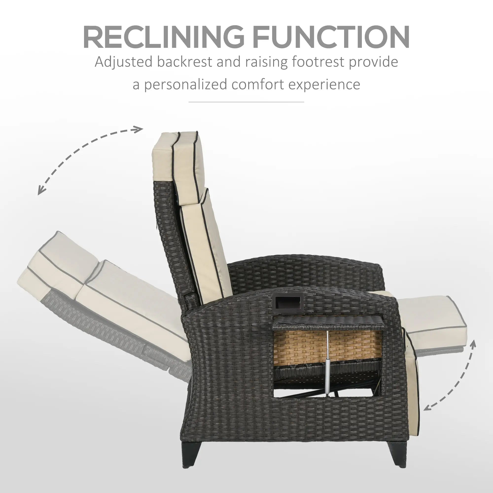 Outdoor Recliner Chair, Adjustable Backrest, Cushion, Side Tray, Khaki Chaise Loungers at Gallery Canada