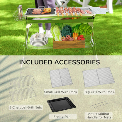 Portable Charcoal Grill, Stainless Steel, Folding With Shelf